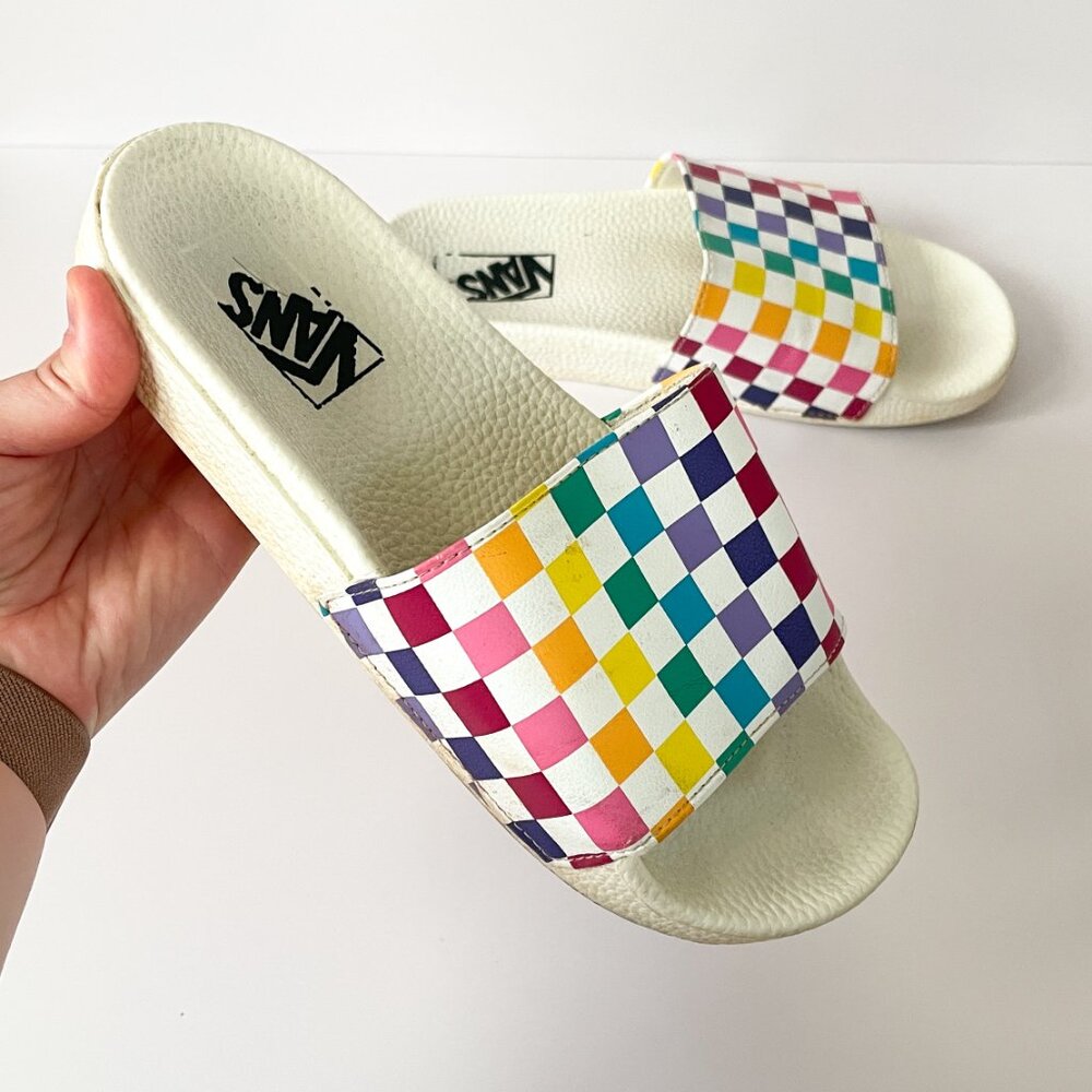Vans rainbow checkerboard slip on slides sz 7